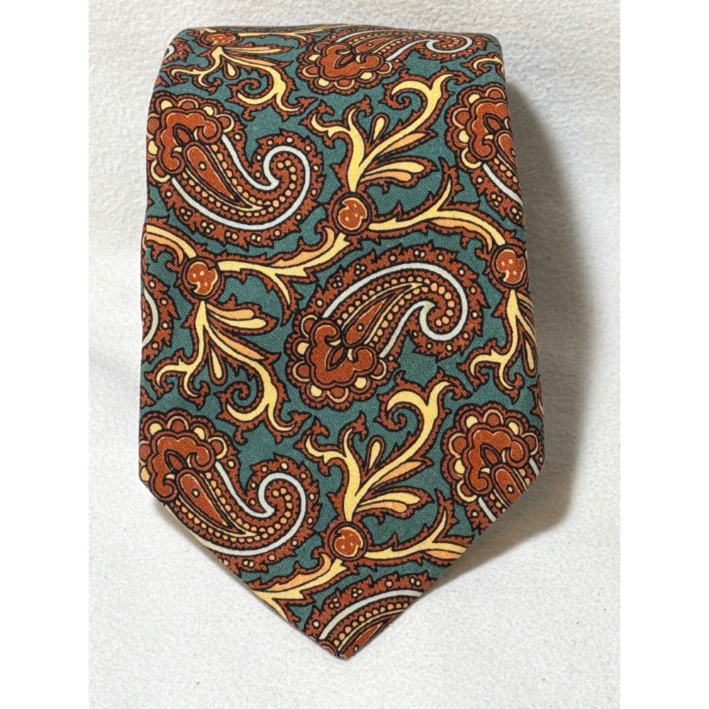 Vintage Mens Paisley Silk Necktie Teal Rust Orange Gold Classic 3.25 Inch Width